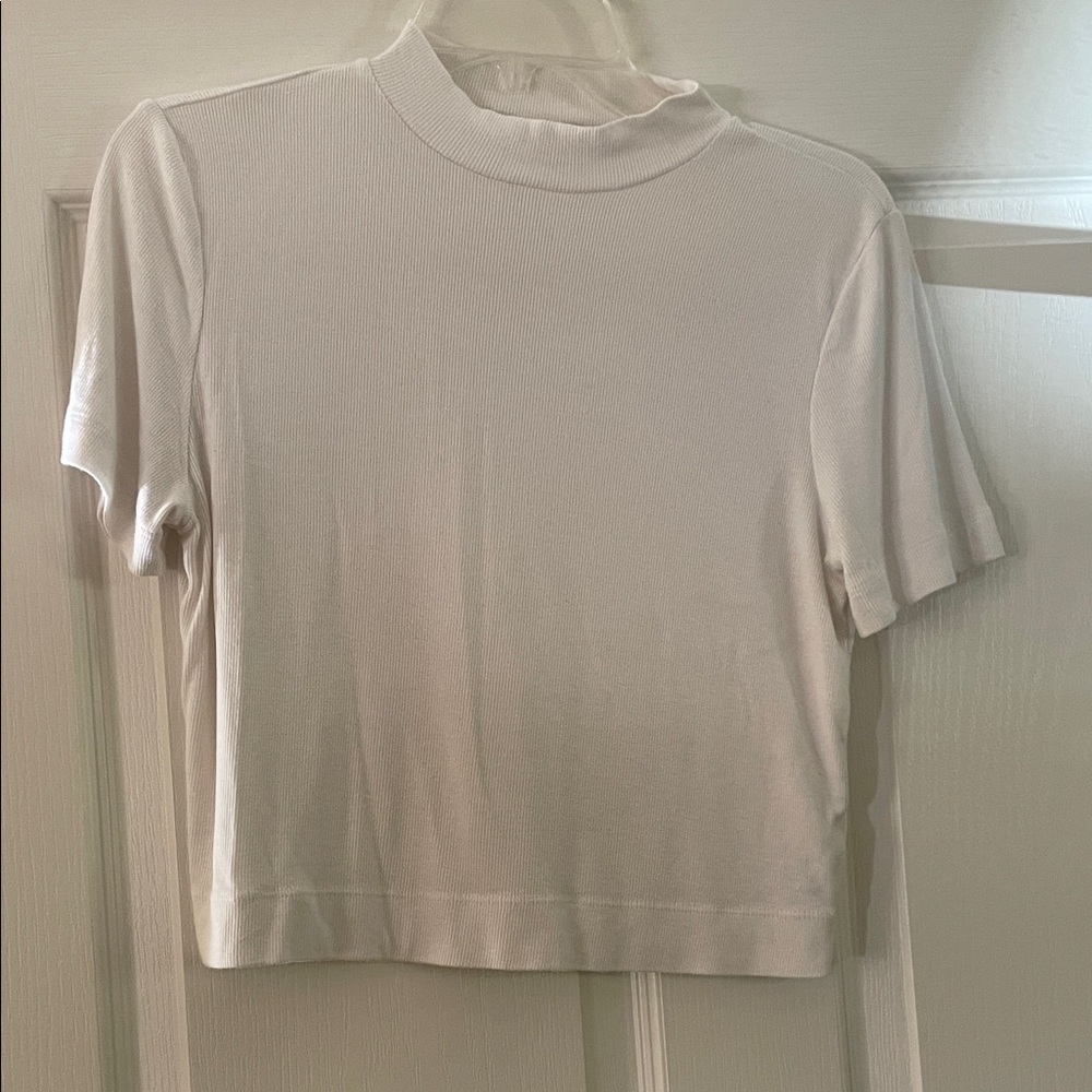 Babaton White Mock Neck Ribbed Crop Top L